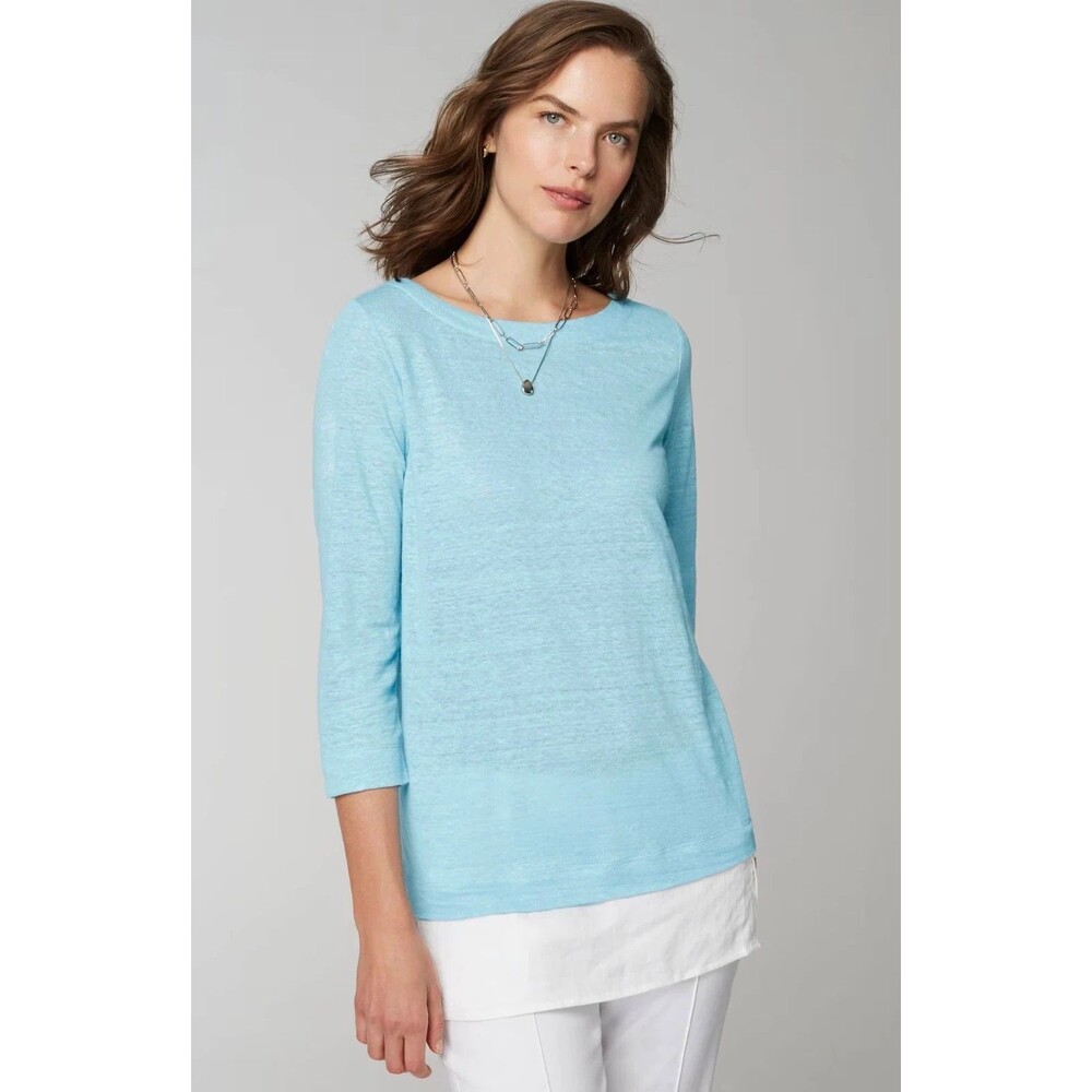 J JILL Love Linen 3/4 Slv 100% Linen Blue Layered Look Tunic Top Large $79